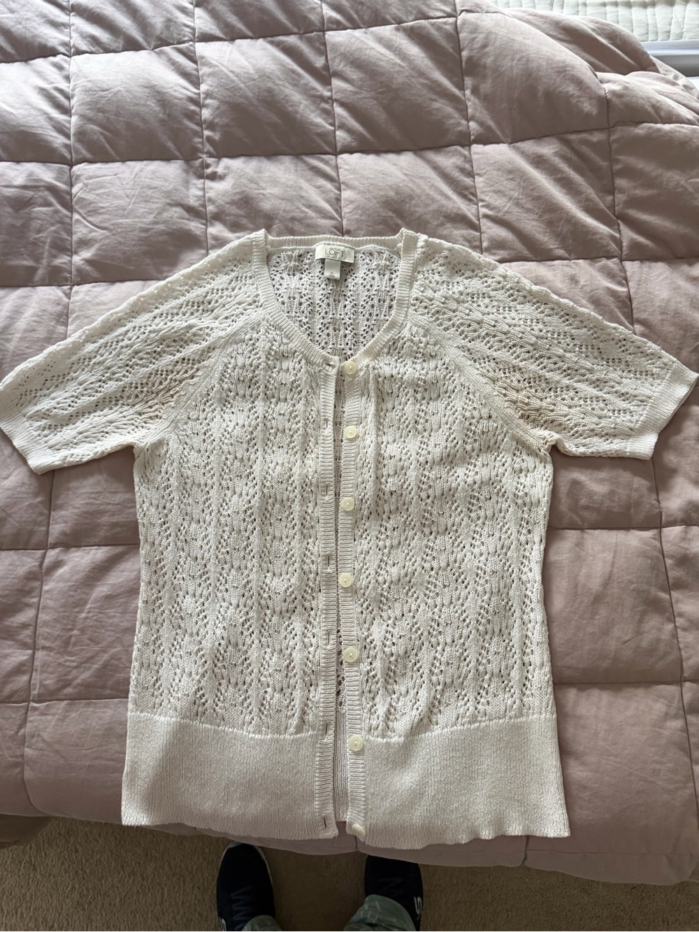 Light Cream Short-Sleeve Knit Cardigan Sweater, XL